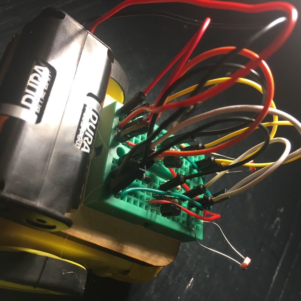 Close up of an analogue braitenberg wheeled robot