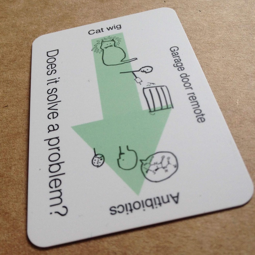 A picture of a card with three options: Does (your project) solve a problem? A wig for a cat, a garage door opener or antibiotics