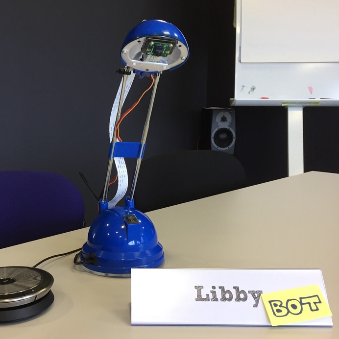 A robotified IKEA lamp with a name bagge: libbybot